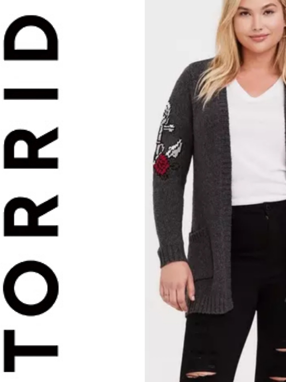 TORRID Dark Grey Tattoo Intarsia Art Open Front Cardigan Size 0/L